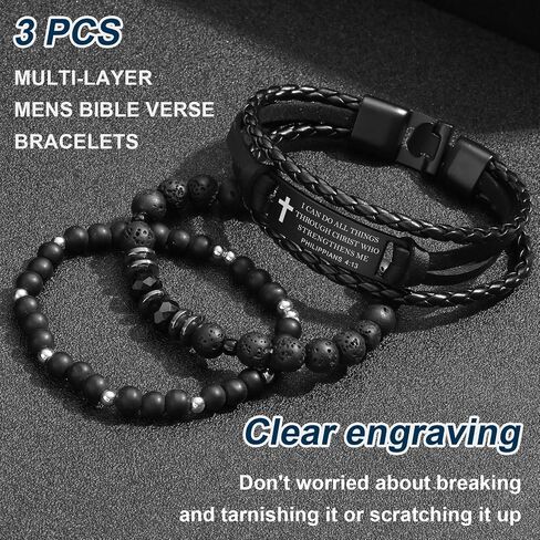 Christian Bible Verse Bracelets for Men-3 Pcs Inspirational Religious Scripture Quotes Black Onyx Lava Rock Bead Cross Braided Leather Jesus Bracelet, First Communion Confirmation Baptism Easter Gifts in Saudi Arabia