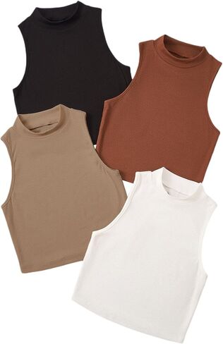 GORGLITTER Women's 4 Piece Mock Neck Ribbed Knit Crop Top Sleeveless Cropped Cami Tank Tops in Saudi Arabia