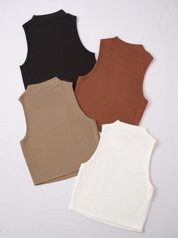 GORGLITTER Women's 4 Piece Mock Neck Ribbed Knit Crop Top Sleeveless Cropped Cami Tank Tops in Saudi Arabia