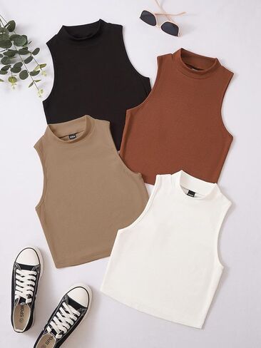 GORGLITTER Women's 4 Piece Mock Neck Ribbed Knit Crop Top Sleeveless Cropped Cami Tank Tops in Saudi Arabia