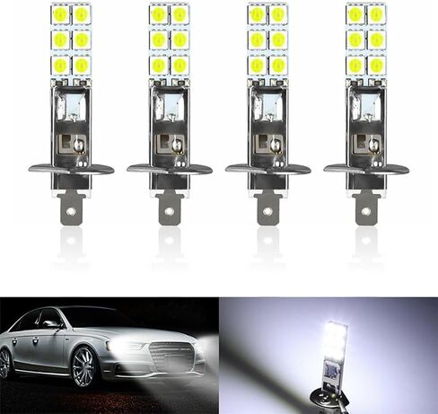 4 قطع مصابيح ضباب LED للسيارة H1، 2.4 بوصة × 0.4 بوصة معدنية فائقة السطوع 12SMD-5050 رقاقة التوصيل والتشغيل مصابيح LED منخفضة الشعاع، مصباح إضاءة قيادة عالمي مقاوم للماء 12 فولت لشاحنات السيارات وسيارات الدفع الرباعي (الضوء الأبيض) in Kuwait