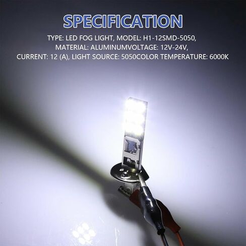 4 قطع مصابيح ضباب LED للسيارة H1، 2.4 بوصة × 0.4 بوصة معدنية فائقة السطوع 12SMD-5050 رقاقة التوصيل والتشغيل مصابيح LED منخفضة الشعاع، مصباح إضاءة قيادة عالمي مقاوم للماء 12 فولت لشاحنات السيارات وسيارات الدفع الرباعي (الضوء الأبيض) in Kuwait