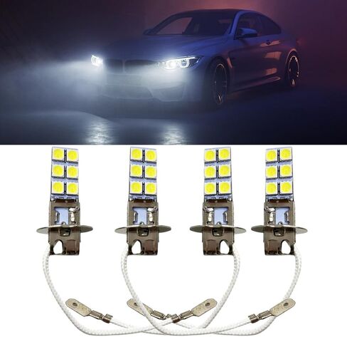 4 قطع مصابيح ضباب LED للسيارة H1، 2.4 بوصة × 0.4 بوصة معدنية فائقة السطوع 12SMD-5050 رقاقة التوصيل والتشغيل مصابيح LED منخفضة الشعاع، مصباح إضاءة قيادة عالمي مقاوم للماء 12 فولت لشاحنات السيارات وسيارات الدفع الرباعي (الضوء الأبيض) in Kuwait