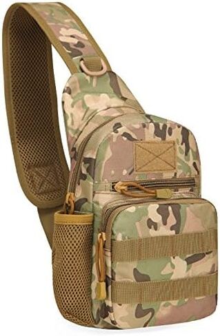 Tactical Chest Sling Bag with Bottle Holder & Key Ring Strap, Military Water Repellent Molle Camouflage Backpack (Wood Camo) in Saudi Arabia