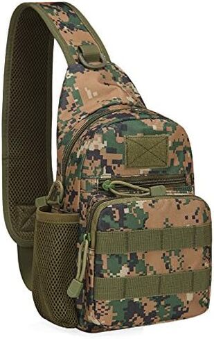 Tactical Chest Sling Bag with Bottle Holder & Key Ring Strap, Military Water Repellent Molle Camouflage Backpack (Wood Camo) in Saudi Arabia