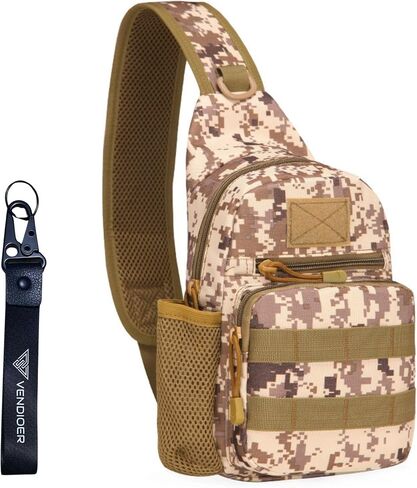 Tactical Chest Sling Bag with Bottle Holder & Key Ring Strap, Military Water Repellent Molle Camouflage Backpack (Wood Camo) in Saudi Arabia