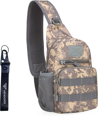 Tactical Chest Sling Bag with Bottle Holder & Key Ring Strap, Military Water Repellent Molle Camouflage Backpack (Wood Camo) in Saudi Arabia