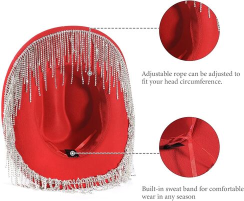 المرأة حجر الراين راعية البقر قبعة واسعة حافة الماس بريق الغربية قبعة رعاة البقر بلينغ راعية البقر قبعة للنساء مع شرابة in Kuwait