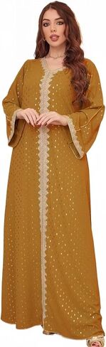 Muslim Abaya Dresses for Women V Neck Kaftan Islamic Prayer Robe Embroidered Bronzing Dress Holiday Evening Dress in Saudi Arabia