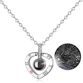 I Love You Necklace 100 Languages for Her Mom Rose Gold Antler Dear Elk Memory Projection Necklace in Different Ways Mother's Day Birthday Gift for Wife Box (Silver-Heart)