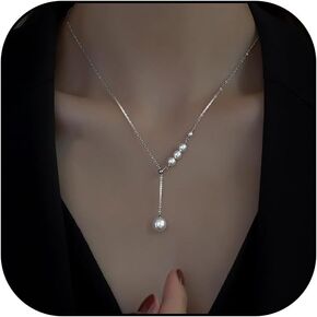 Aonklot Pearl Drop Necklace for Women Pearl Tassel Lariat Necklaces Dainty Gold Chain Pearl Y Necklaces White Gold Pearl Pendant Necklace Jewelry Gift for Women