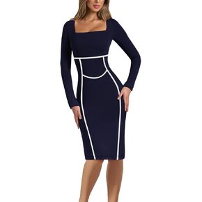 HESUUIO Women's Sexy Long Sleeve Bodycon Midi Dress 2024 Fall Elegant Square Neck Tight Cocktail Party Dresses