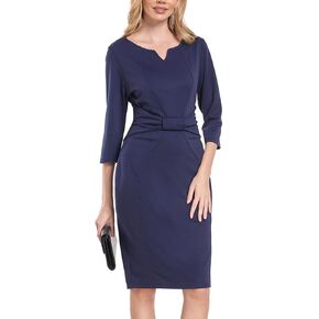 MINTLIMIT Women Sheath Dress Notch V Neck 3/4 Sleeve Bow Waist Wear to Work Pencil Dresses