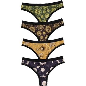 WDIRARA Women's 4 Pack Sun Moon Print Panty Set Lace Trim Low Rise Gothic Briefs