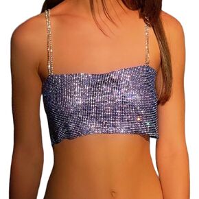 Women Shiny Rhinestone Spaghetti Strap Crop Top Sexy Crystal Backless Tank Tops Cami for Party Nightclub Festival