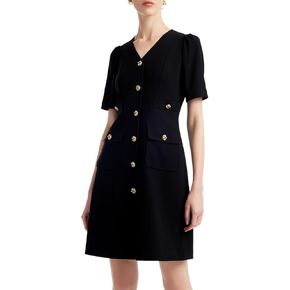 Women's Triacetate Black Mini Dress, Business Casual A Line V-Neck Button Front Dresses for Teacher Office Work