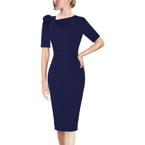 VFSHOW Womens Pleated Asymmetric Bow Neck Work Business Office Cocktail Party Pencil Sheath Dress