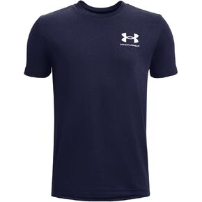 تي شيرت رياضي بأكمام قصيرة على الصدر الأيسر من Under Armour للأولاد، (465) أزرق أفقي / / أسود، صغير