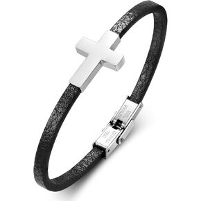 Mens Leather Cross Bracelet for Men, Christian Gift Mens Cross Bracelets, Adjustable Jesus Faith Religious Easter Catholic Communion Baptism Christmas Jewelry Gift for Men