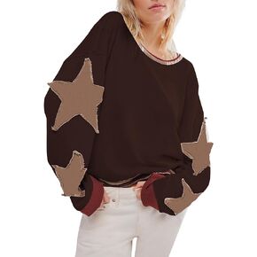 Women's Oversized Sweatshirt Long Sleeve Y2k Star Shirt Drop Shoulder Vintage Graphic Crewneck Top