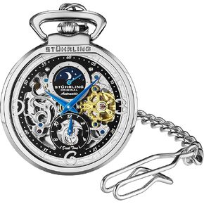 Stuhrling Orignal Mens Automatic Pocket Watch Skeleton Dial Mechanical Movement with and Stainless Steel Chain -Dual Time AM/PM Sun Moon Subdial