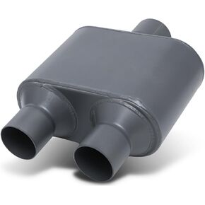 M-AUTO Single Chamber Muffler, 2.5" Inside Inlet and 2.25" Outlet Dual Universal Stainless Steel Exhaust Muffler Assembly, 12" Overall Length, Gray