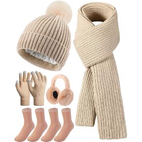 Geyoga 6 Pcs Winter Warm Set for Women Warm Beanies Hats Touchscreen Gloves Long Scarf Ear Muffs Socks Warm Gifts for Women