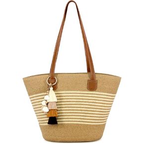 Straw Beach Tote Bag with Tassel Hat Clip for Travel, Large Lightweight Raffia Summer Hobo Shoulder Bag for Women