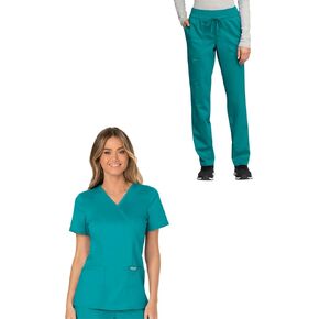 Cherokee Women's Scrub Set Mock Wrap Top with Princess Seams WW610 Mid Rise Tapered Leg Elastic Waist Drawstring Pant WW105, Teal Blue - XL Top/XL Petite Pant