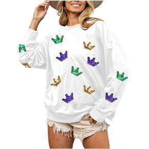 MOUSYA Mardi Gras Sequin Crown Sweatshirt Woman Fat Tuesday Shirt Saints New Orleans Party Shirts Long Sleeve Casual Tops