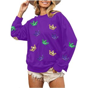 MOUSYA Mardi Gras Sequin Crown Sweatshirt Woman Fat Tuesday Shirt Saints New Orleans Party Shirts Long Sleeve Casual Tops in Kuwait