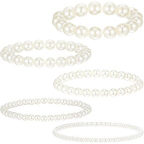 Molain 5 Pcs Pearl Bracelets for Women Stretch Strand Bracelets Pearl Bracelets Bridal Wedding Elastic Bracelets Stackable Faux Pearl Bracelets for Lady Party Jewelry Pearl Beaded Bracelets