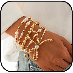 Gold Bow Beaded Bracelets for Women Layered Heart Bow Pearl Charm Bracelets Dainty Faux Pearl Stackable Bracelets Adjustable Heart Stretch Beaded Bracelets Trendy Christmas Valentines Jewelry