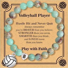 BAYLAY Volleyball Gifts for Teen Girls - Natural Stone Initial Volleyball Bracelet Volleyball Gifts Adjustable Volleyball Charm Bracelet Volleyball Gifts for Teen Girls
