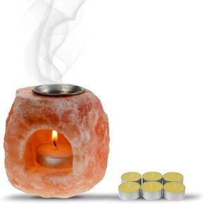 Himalayan Salt Candle Holder with Aroma Lid - Includes 6 Tea Light Candles, 4-Hour Burn Time - Natural Decor for Home, Office, and Spa, 3.5 inch.