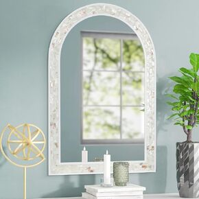 Tanmicoshomy White Arched Wall Mirror 24x36 Inches, Mosaic Bathroom Mirror with Shell Frame for Bathroom Living Room Bedroom Entryway