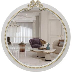 Vintage Round Wall Mirror 28inch Farmhouse Wooden Vanity Mirror for Wall Decor, Decorative Antique White Bathroom Mirrors, Traditional Art Home Decor for Dressing Table, Living Room or Bedroom