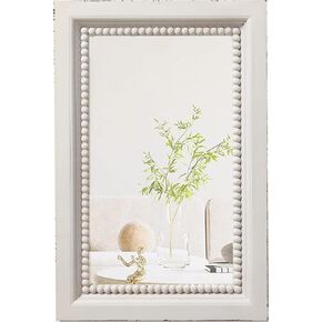 Farmhouse Mirrors for Wall Decor with Beaded Border 24 Inches, Hanging Distressed White Bathroom Mirrors for Vanity, Rustic Wood Framed Rectangular Wall Mirrors Decorative