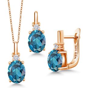 Gem Stone King 18K Rose Gold Plated Silver London Blue Topaz Pendant Earrings Set for Women | 5.45 Cttw | Oval 9X7MM | Gemstone Birthstone | With 18 Inch Chain