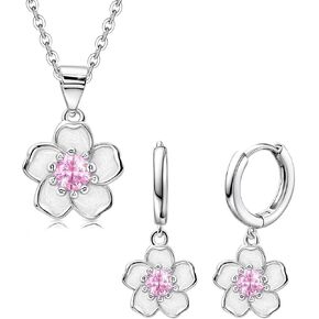 Sterling Silver Pink CZ Cherry Blossoms Necklace and Earrings Set Small Shiny Crystal Flower Romantic Cute Dainty Valentine's Day Birthday Sakura Jewelry Gifts for Women Daughter Mom Wife Girlfriend