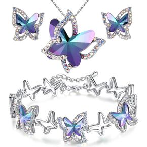 Butterfly Crystal Bundle Jewelry Set Rainbow Fluorite Purple Healing Stone for Calming Mind Gifts for Women Necklace Earrings Bracelet, Silver-Tone, 18"+2" Chain