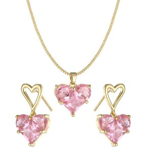 Pink Heart Necklace Earrings Cubic Zirconia Heart Wedding Necklace Earrings Set Bridesmaid Bride Pendant Necklace Earrings for Women(A-Gold,Pink)