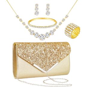 Henoyso 5 Pcs Rhinestone Jewelry Set Rhinestone Clutch Purse Bride Prom Jewelry Necklace Earrings Bracelets for Women