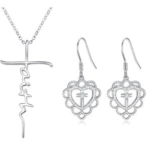 PRAYMOS Faith Jewely Set, Faith Necklace and Faith Cross Earrings Sterling Silver Jewelry Gifts for Women