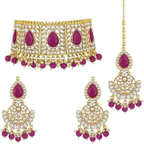 Aheli Bridal Kundan Faux Pearl Choker Necklace with Earrings Maang Tikka Gift for Women Indian Traditional Bollywood Fashion Jewelry Set