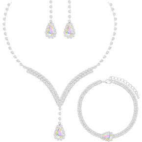 Elegant V-shape Silver Crystal Wedding Jewelry Set for Women Bridal Necklace Earrings Bracelet Set Brides Bridesmaids Party Costume Accessory