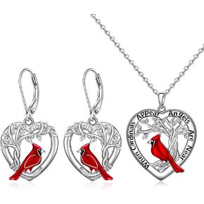 Red Cardinal Necklace Earrings for Women Sterling Silver Heart Tree of Life Cardinal Pendant Memorial Jewelry Gifts