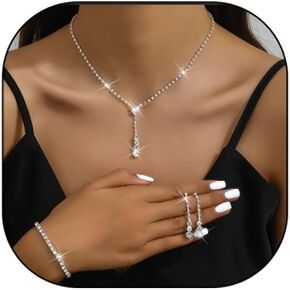 Rrdaily Silver Rhinestone Wedding Jewelry Set for Women Sparkling Cubic Zirconia Adjustable Bracelet Necklace Minimalist Crystal Earrings Bridal Accessories