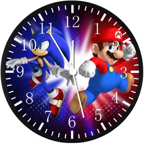Large 12" Super Sonic and Mario Wall Clock Clear Glass Face Silent Non-Ticking Nice for Gift or Décor G187