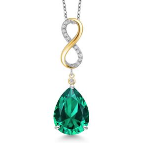 Gem Stone King 925 Silver and 10K Yellow Gold Green Nano Emerald and White Lab Grown Diamond Pendant Necklace for Women | 8.27 Cttw | Gemstone May Birthstone | Pear Shape 16X12MM | With 18 Inch Chain